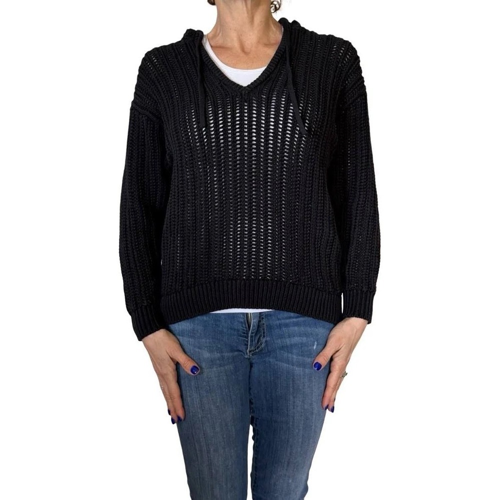 Aritzia Wilfred Free Hardy Sweater Hoodie M Navy Blue Crochet Knit Pullover